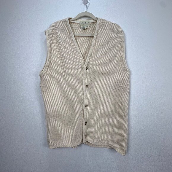 Eddie Bauer Vintage Mens Beige Chunky Knit Button-Up Cotton Vest L USA 80s/90s - Picture 1 of 8
